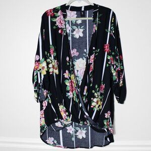 Lilian Floral & Stripe Mixed Print Surplice Top Dark Floral Roll-Tab Sleeves XL